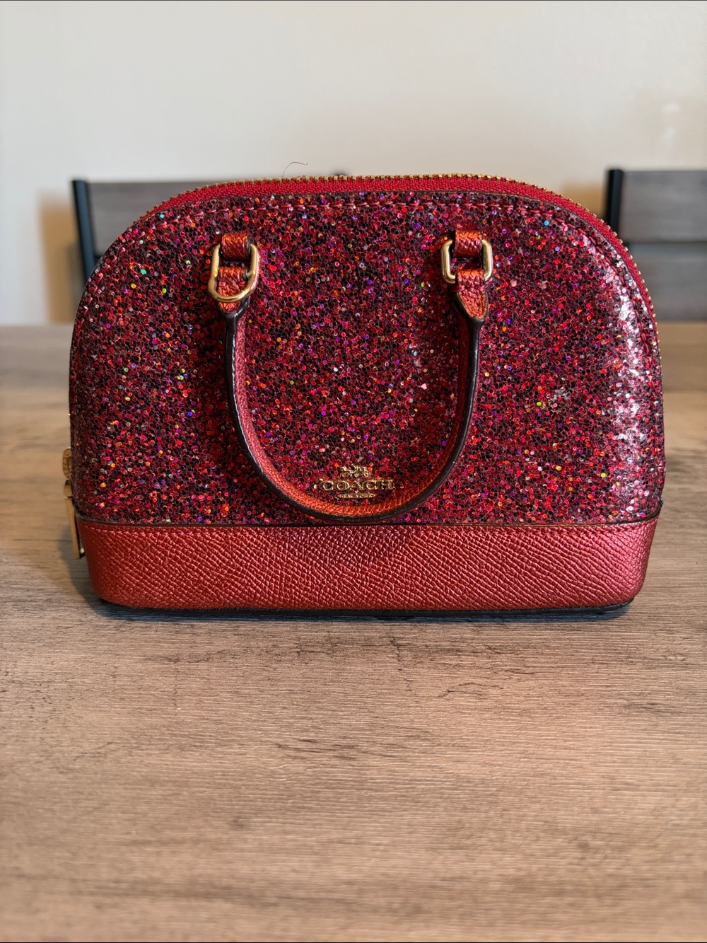 Coach Red Glitter Mini Dome Satchel with Gold Hardware